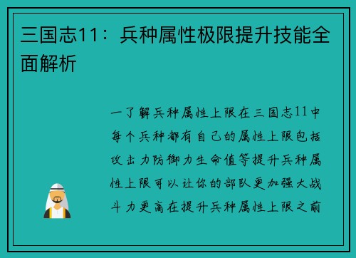三国志11：兵种属性极限提升技能全面解析