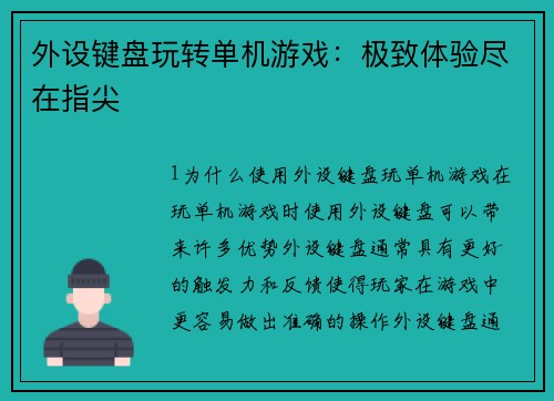 外设键盘玩转单机游戏：极致体验尽在指尖
